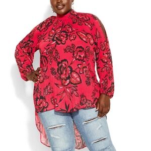 City Chic NWT Plus 18 2X Red Floral Cold Shoulder Top Shirt Blouse High Low Goth